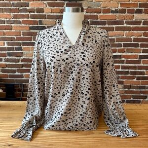 Tan and Black Floral Pattern Blouse Long Sleeve